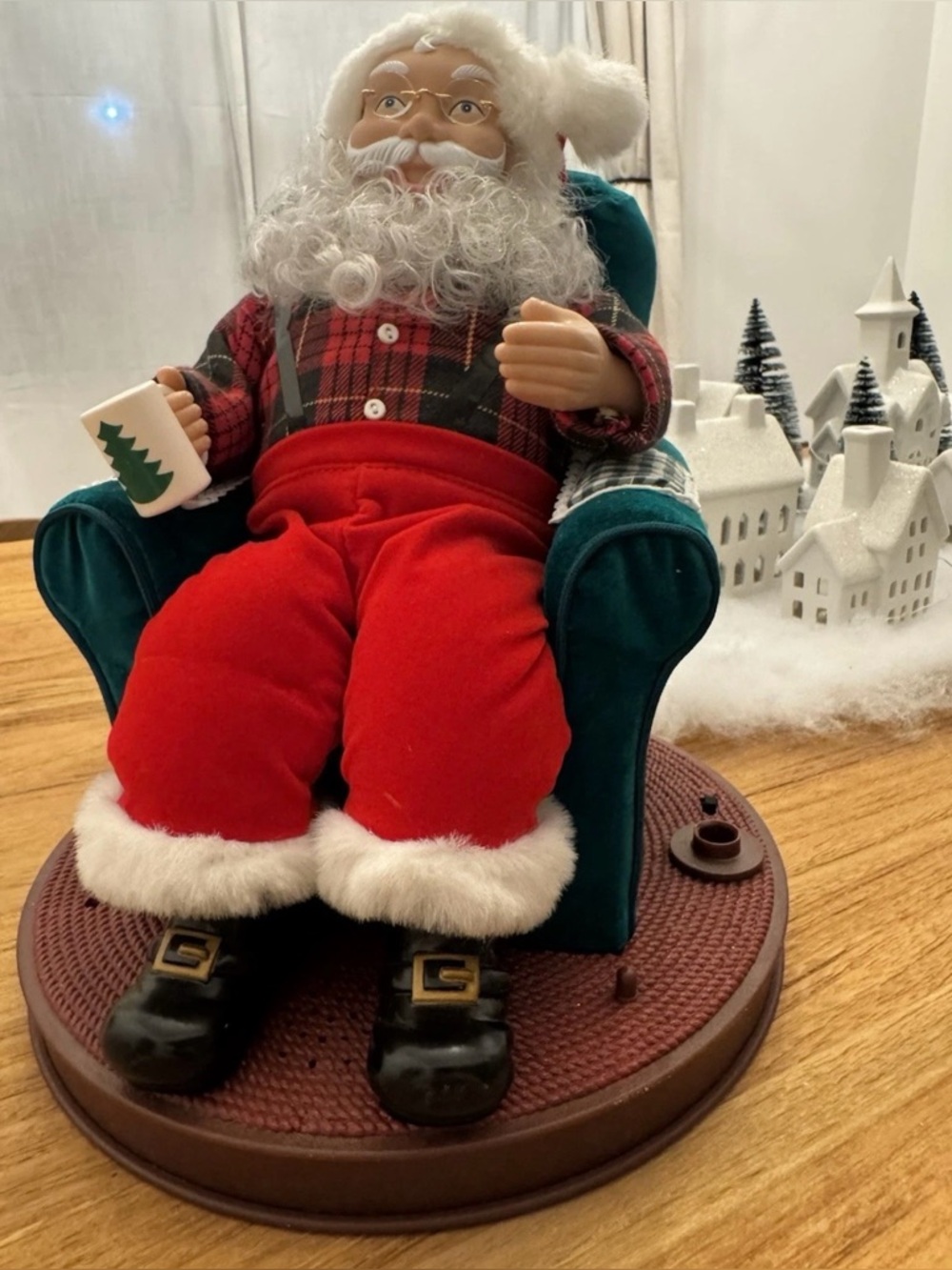 Vintage Animated Santa in Green Velvet Chair 1990s Christmas Decoration Avon